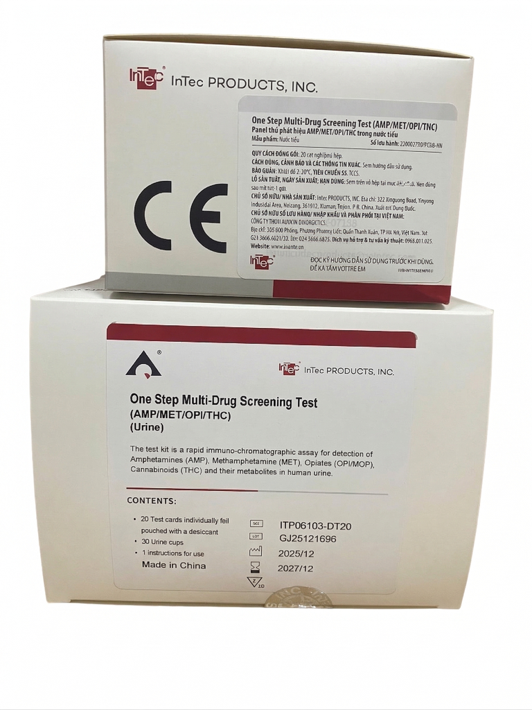 Panel thử xét nghiệm định tính Amphetamine, Methamphetamine, Opiates (OPI/MOP), Cannabinoids [Advanced Quality™ One Step Multi-Drug Screening Test (AMP/MET/OPI/THC)]