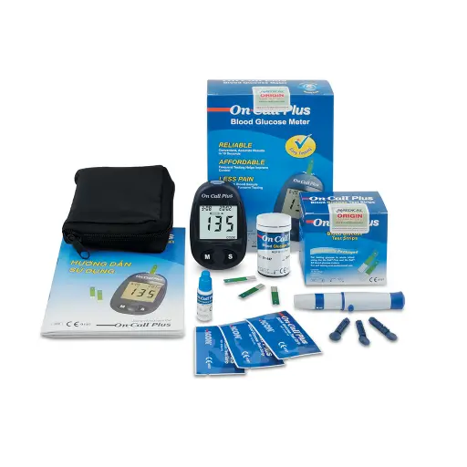 G020204: 01 máy đo đường huyết On Call® Plus, 01 x hộp 25 que thử On Call® Plus (đóng lọ) (Gói 1)